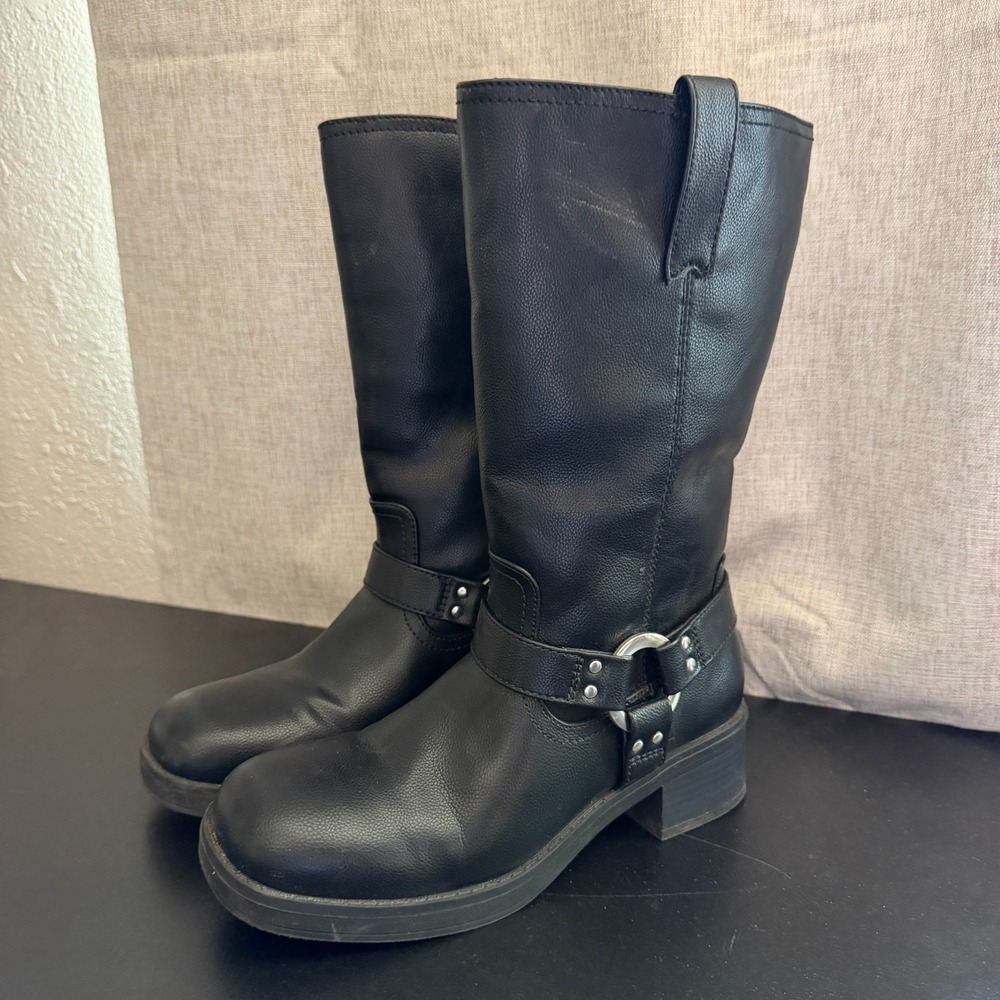 Sugar Huncho Knee-High Tall Boots Womens 8.5M Black Faux Leather Heeled Riding